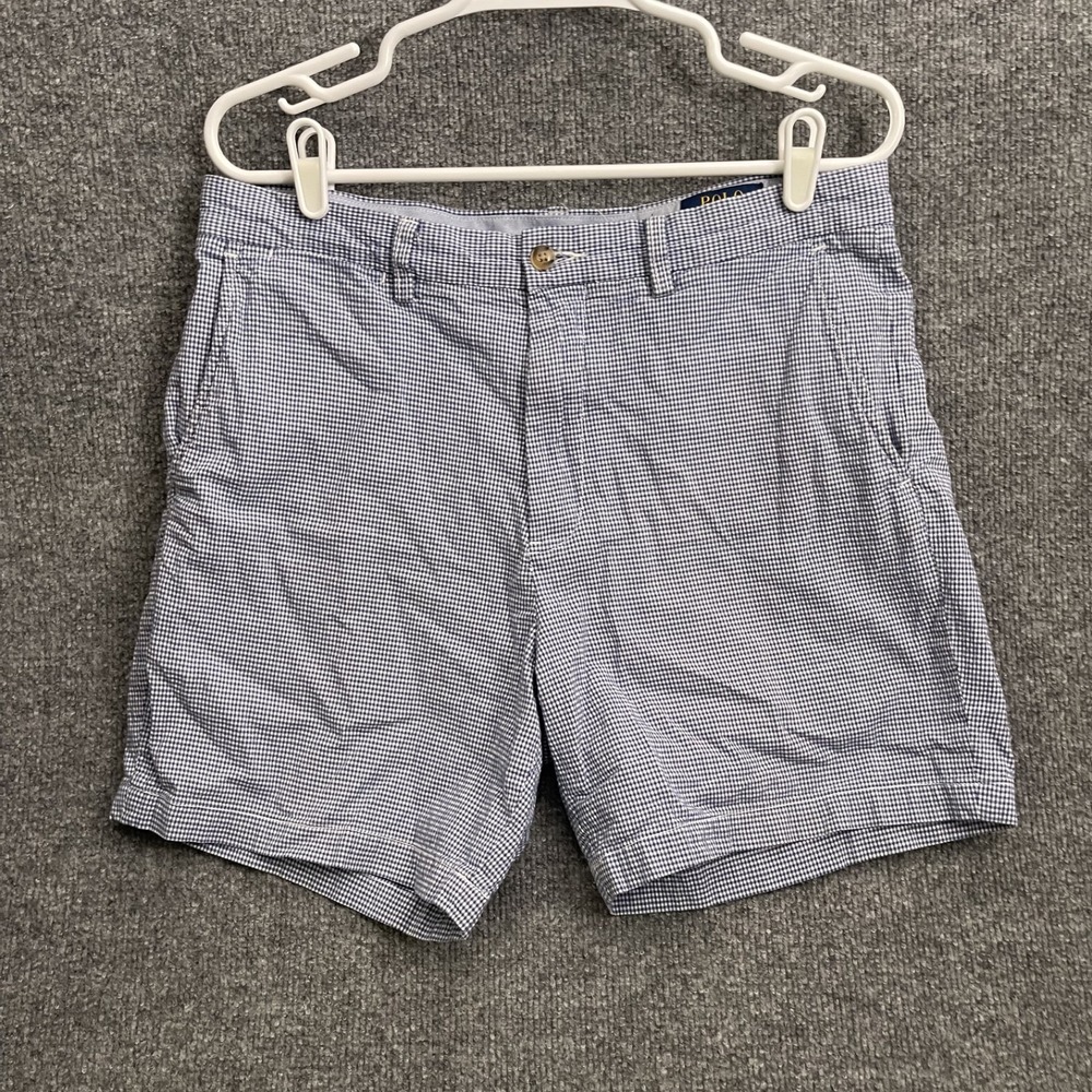 Polo Ralph Lauren Gingham Shorts Mens Sz 32 Stretch Classic Fit Blue White